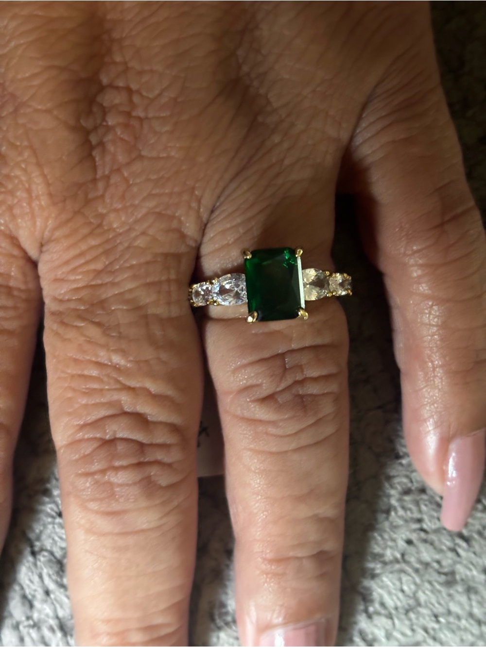 Emerald Green Cushion-Cut Ring with Side Stones. SIZE 9